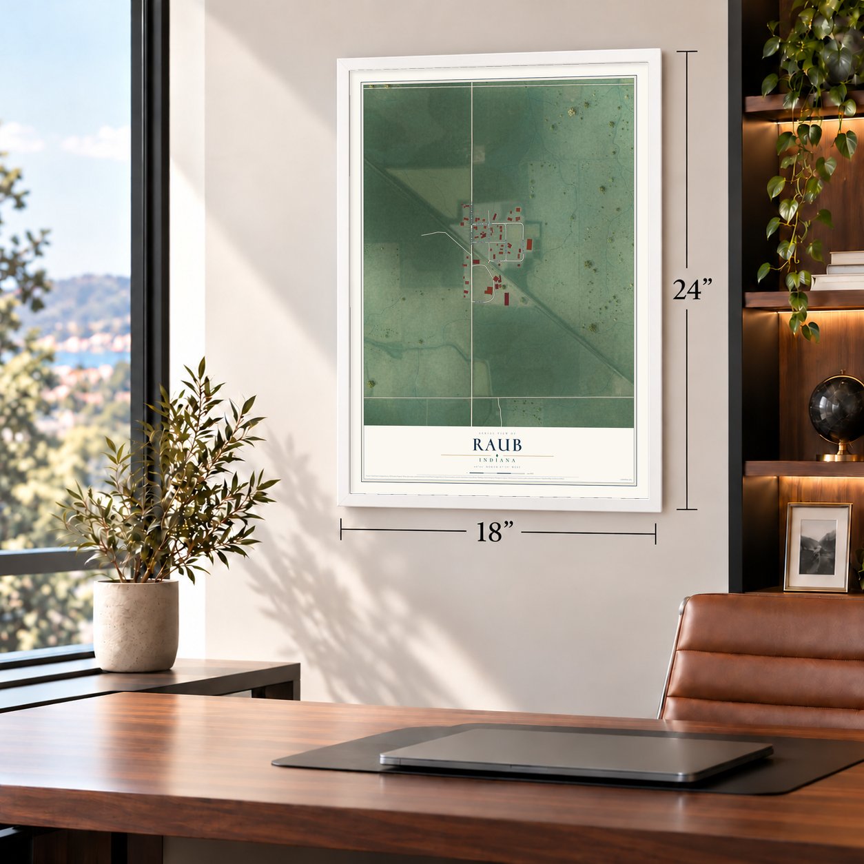 Raub, Indiana map, 18 x 24 inch print in a white frame in a home office