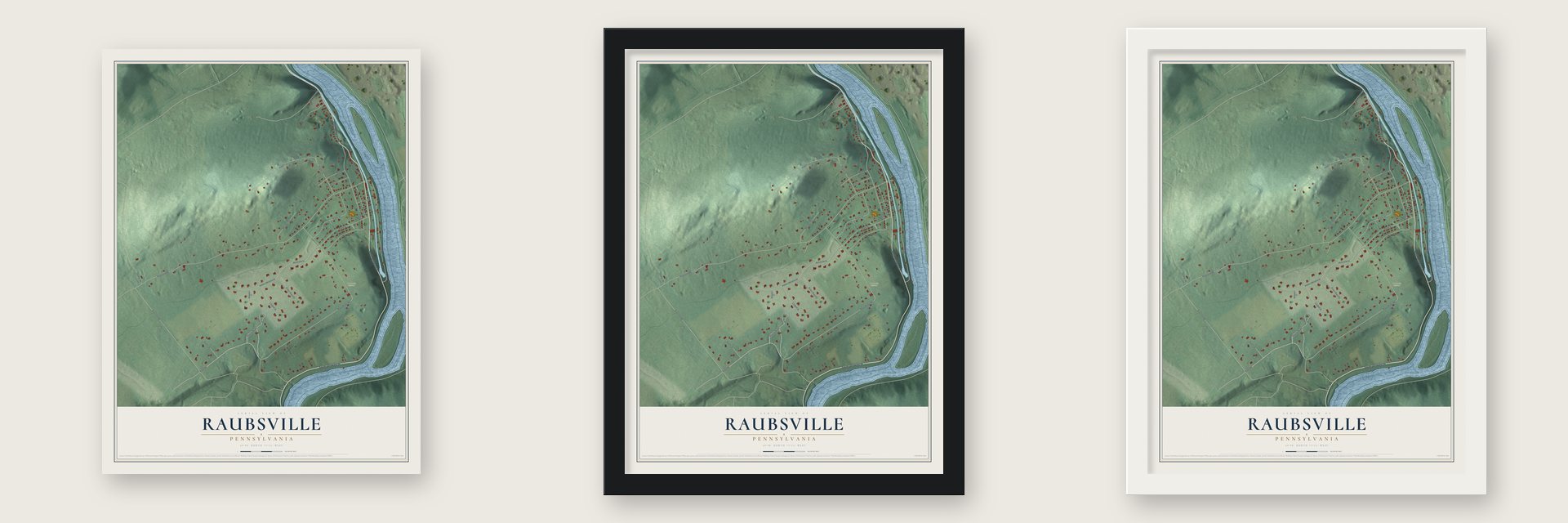 Raubsville, Pennsylvania map unframed, in a black wood frame and in a white wood frame