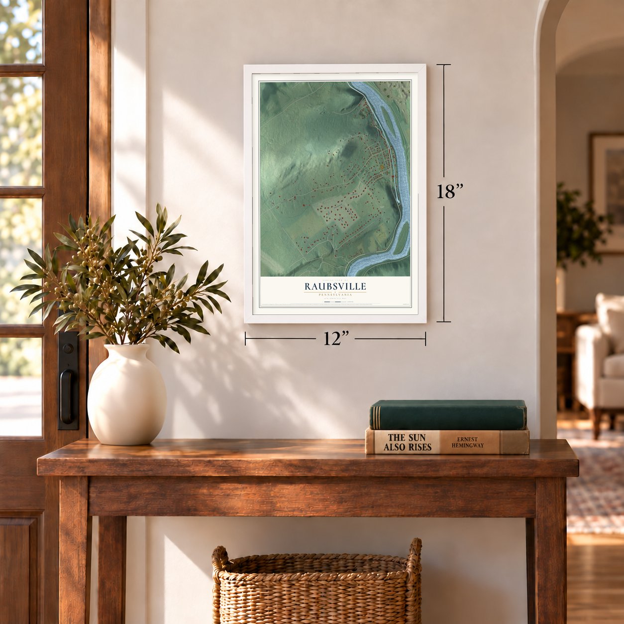 Raubsville, Pennsylvania map, 12 x 18 inch print in a white frame in an entryway