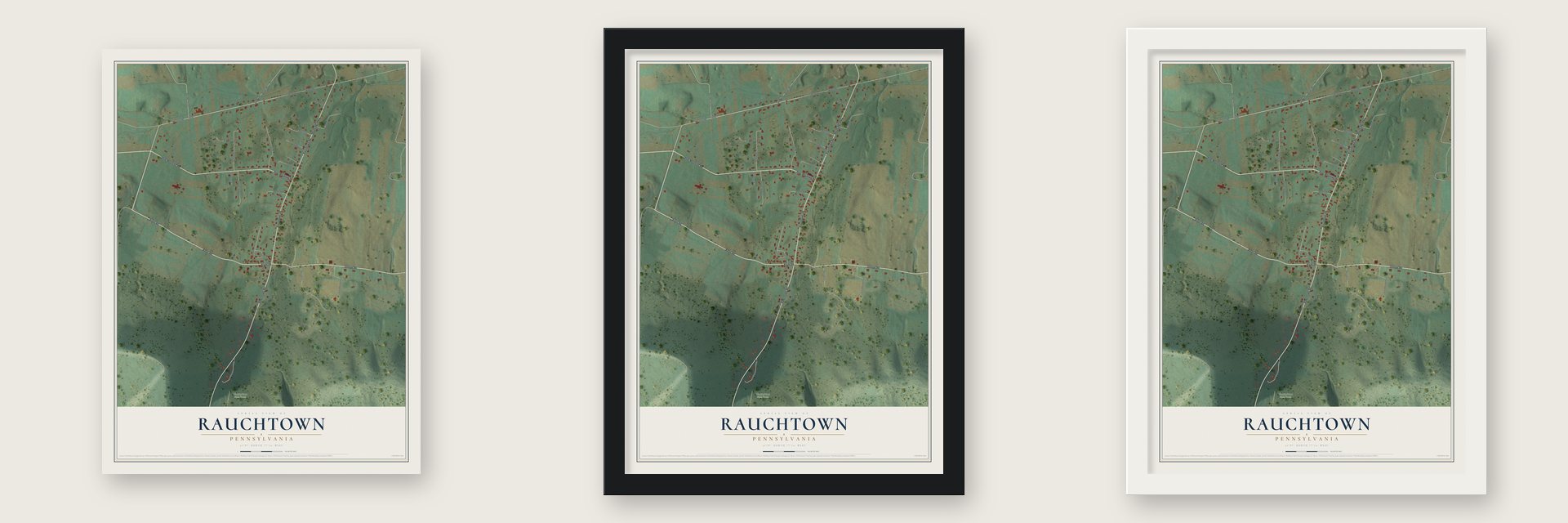 Rauchtown, Pennsylvania map unframed, in a black wood frame and in a white wood frame