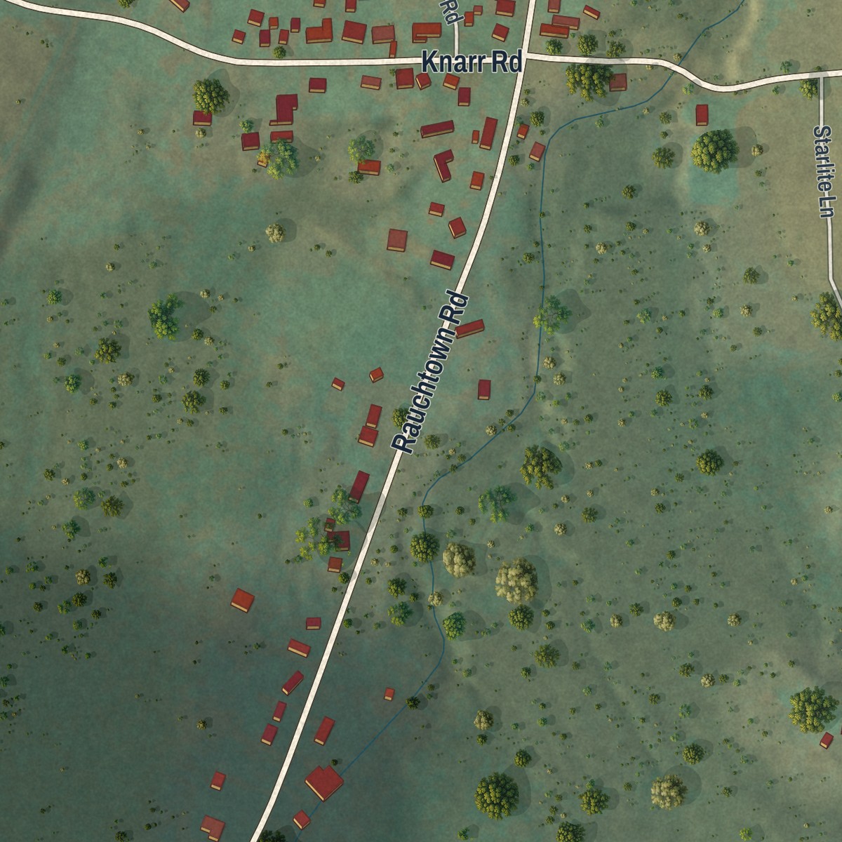 Second close-up of the map of Rauchtown, Pennsylvania print showing more streets and buildings