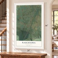Rauchtown, Pennsylvania map, 24 x 36 inch print in a white frame by a staircase