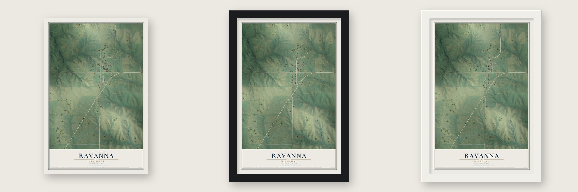 Ravanna, Missouri map unframed, in a black wood frame and in a white wood frame