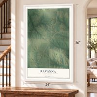 Ravanna, Missouri map, 24 x 36 inch print in a white frame by a staircase