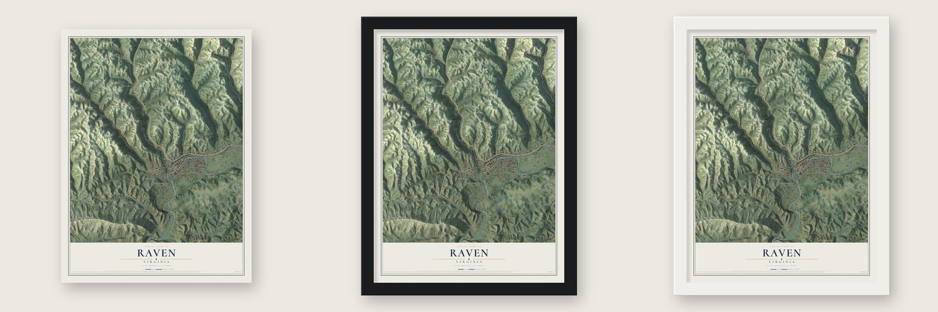 Raven, Virginia map unframed, in a black wood frame and in a white wood frame