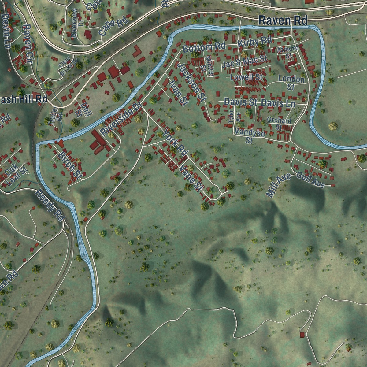Second close-up of the map of Raven, Virginia print showing more streets and buildings