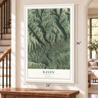 Raven, Virginia map, 24 x 36 inch print in a white frame by a staircase