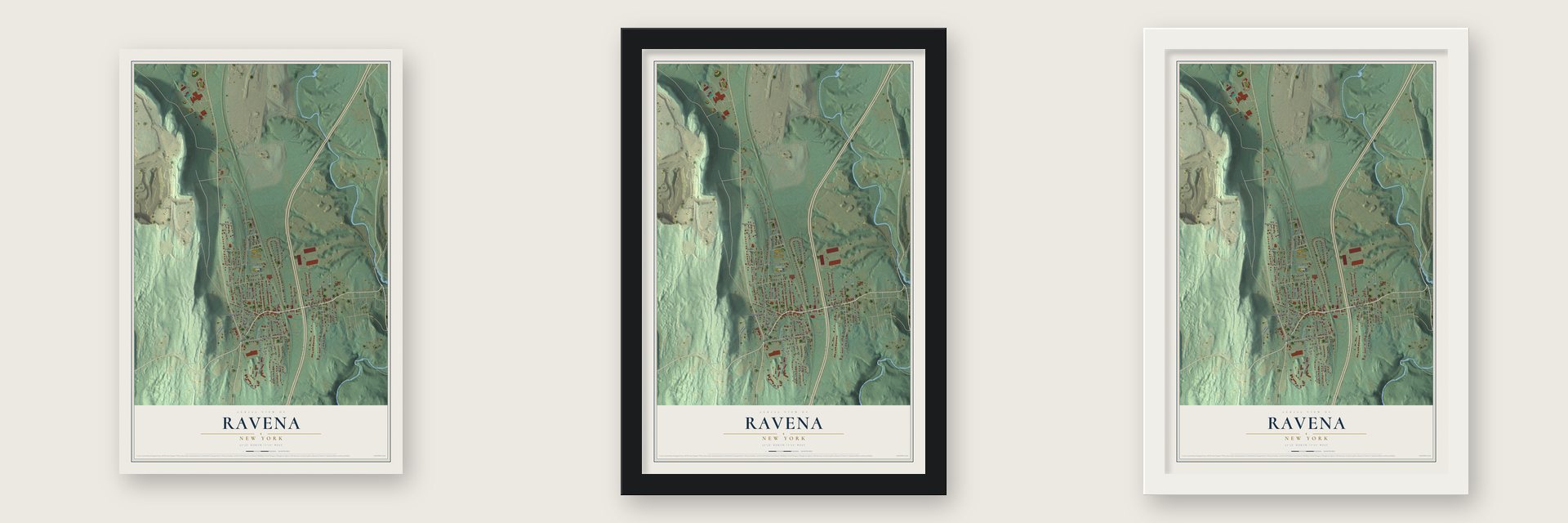 Ravena, New York map unframed, in a black wood frame and in a white wood frame