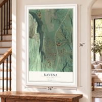 Ravena, New York map, 24 x 36 inch print in a white frame by a staircase