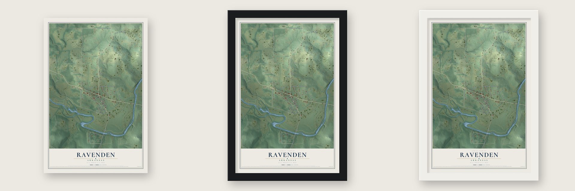 Ravenden, Arkansas map unframed, in a black wood frame and in a white wood frame