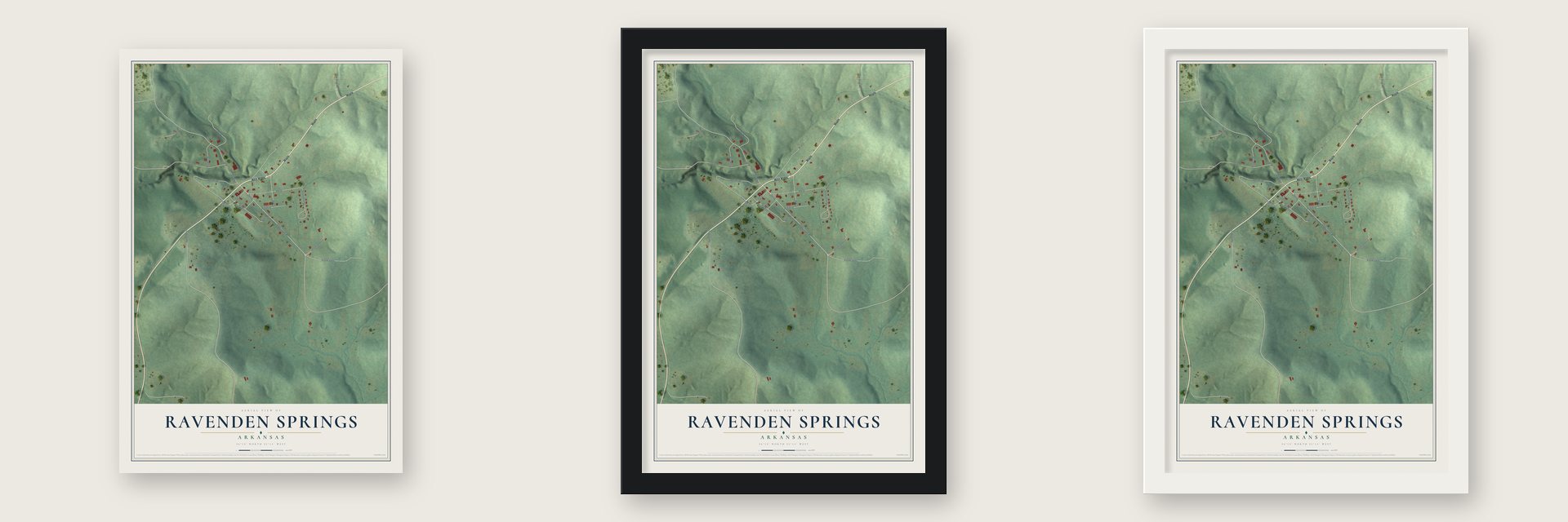 Ravenden Springs, Arkansas map unframed, in a black wood frame and in a white wood frame