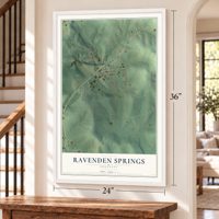 Ravenden Springs, Arkansas map, 24 x 36 inch print in a white frame by a staircase