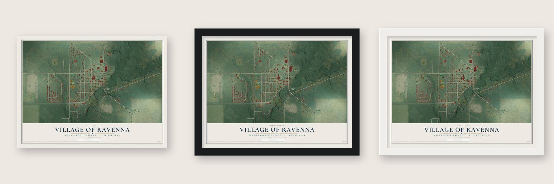 Ravenna, Michigan map unframed, in a black wood frame and in a white wood frame