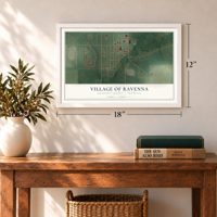 Ravenna, Michigan map, 12 x 18 inch print in a white frame in an entryway