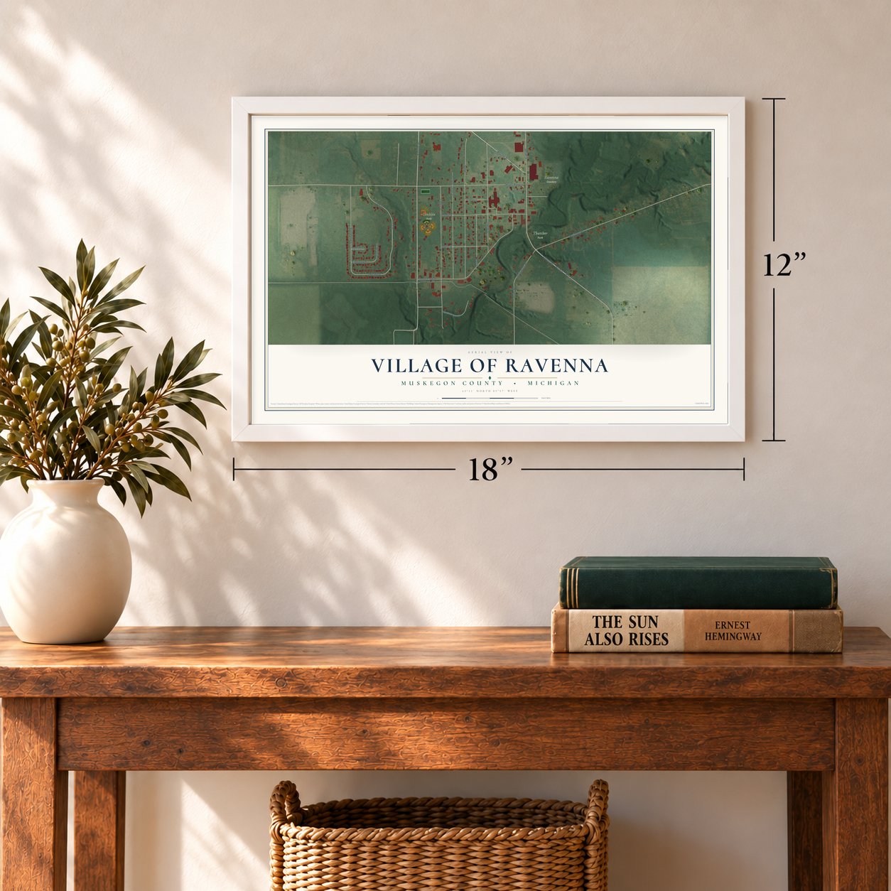 Ravenna, Michigan map, 12 x 18 inch print in a white frame in an entryway