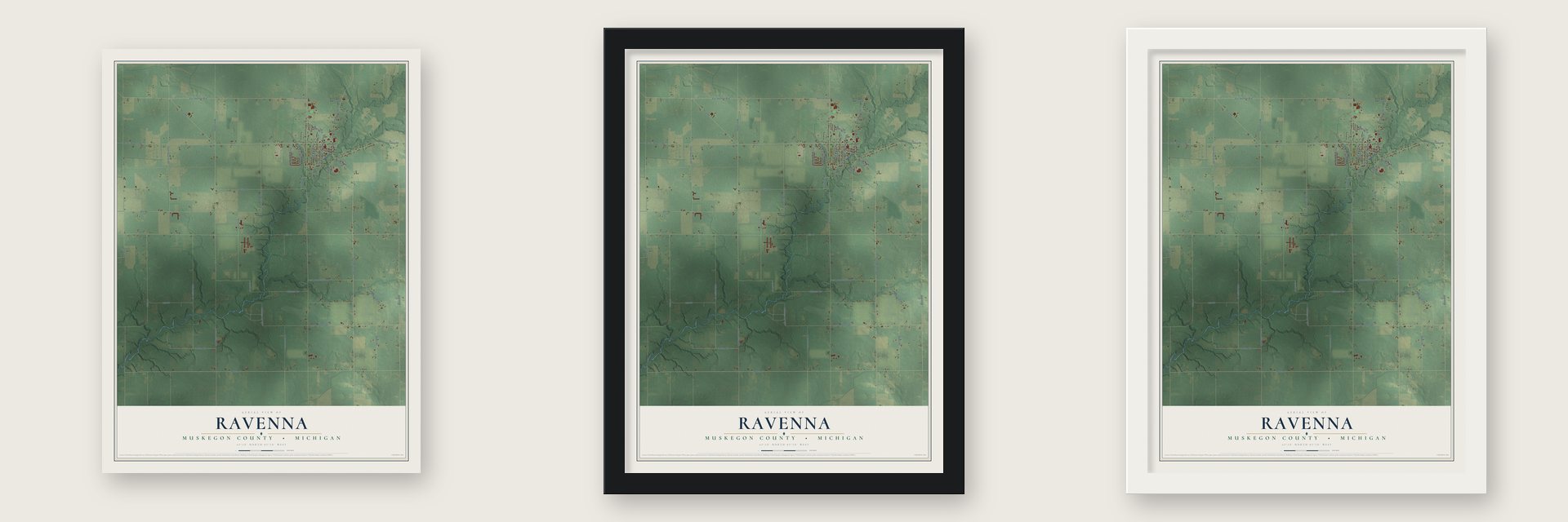 Ravenna, Muskegon County, Michigan map unframed, in a black wood frame and in a white wood frame