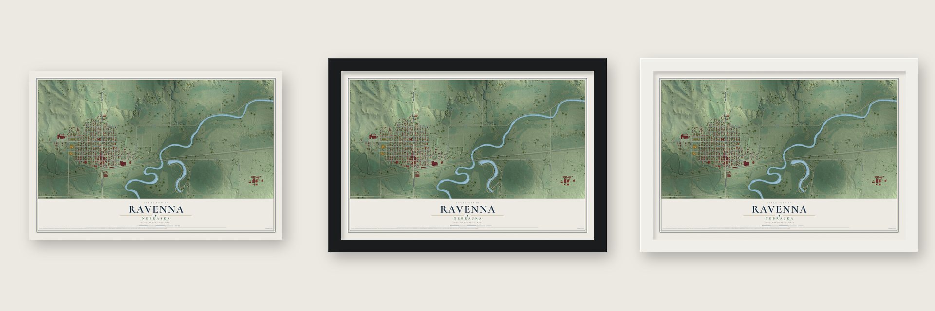 Ravenna, Nebraska map unframed, in a black wood frame and in a white wood frame