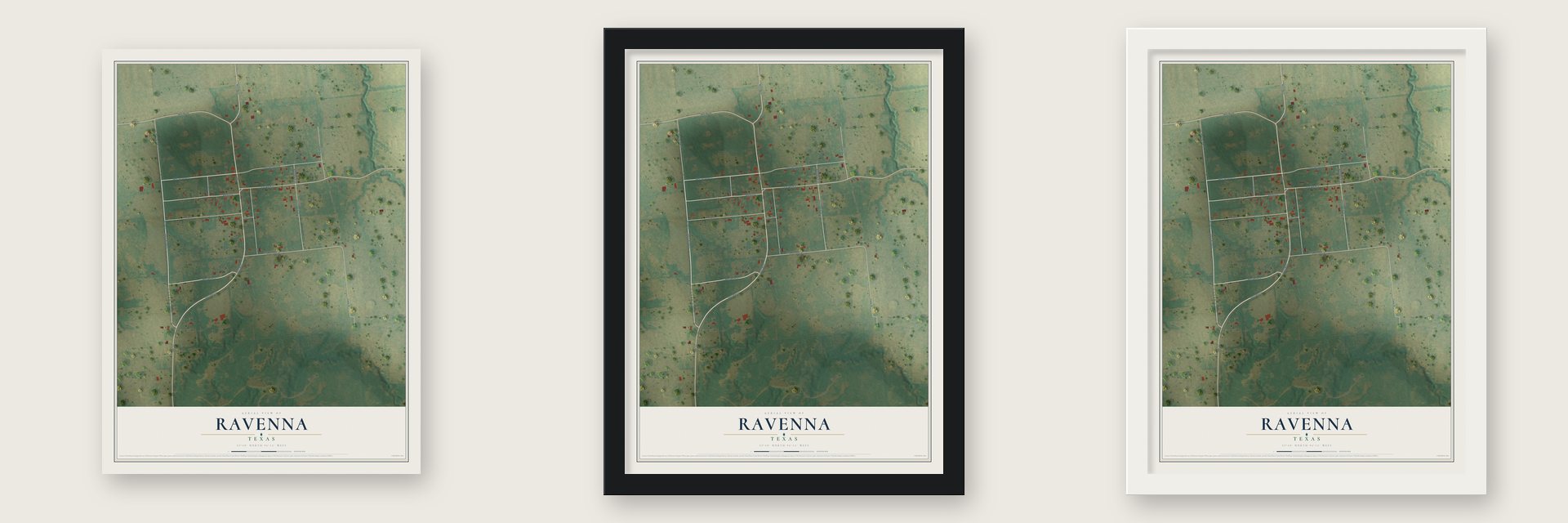 Ravenna, Texas map unframed, in a black wood frame and in a white wood frame