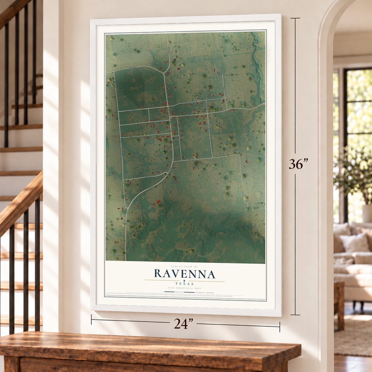 Ravenna, Texas map, 24 x 36 inch print in a white frame by a staircase