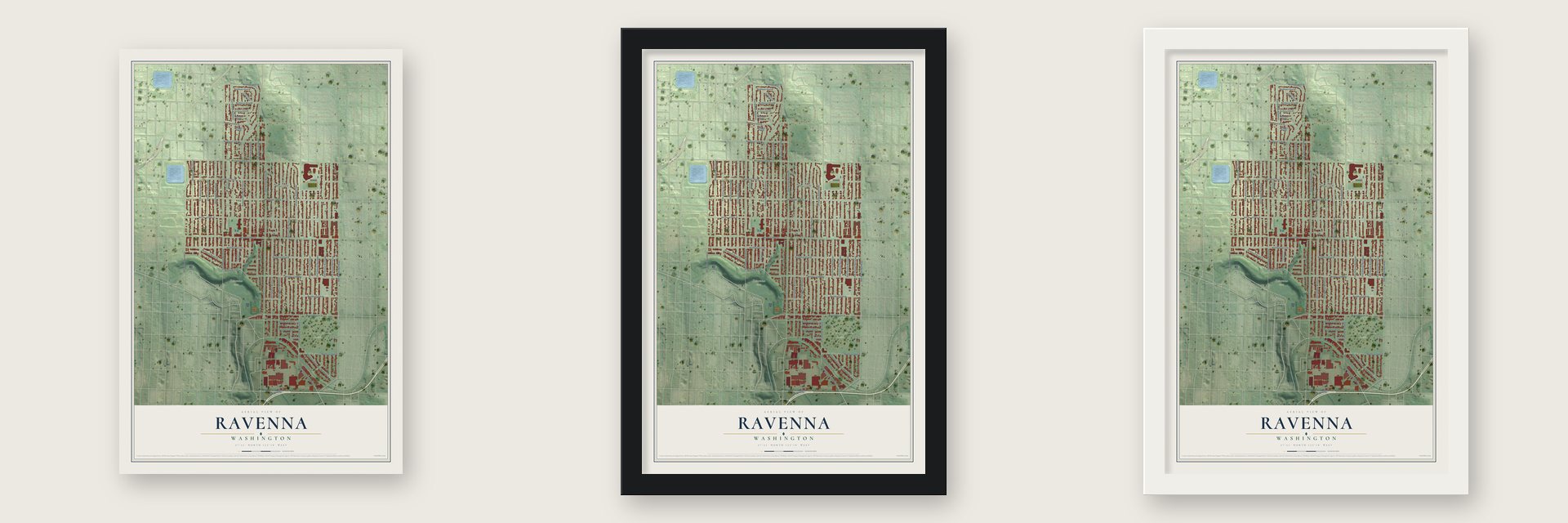 Ravenna, Washington map unframed, in a black wood frame and in a white wood frame