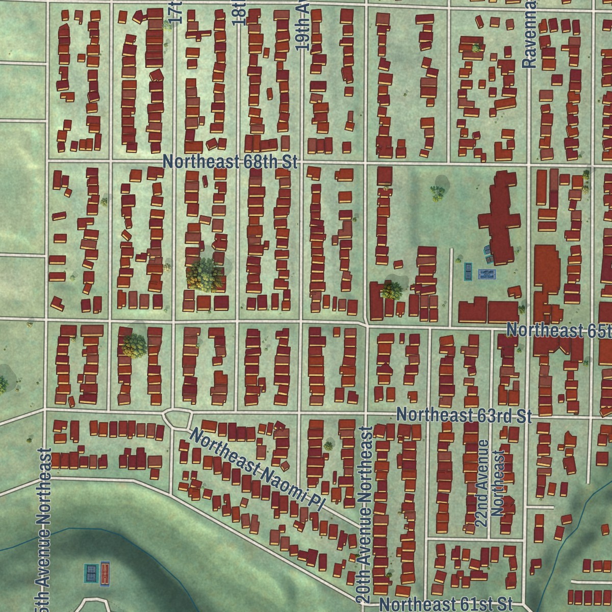 Second close-up of the map of Ravenna, Washington print showing more streets and buildings