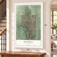 Ravenna, Washington map, 24 x 36 inch print in a white frame by a staircase