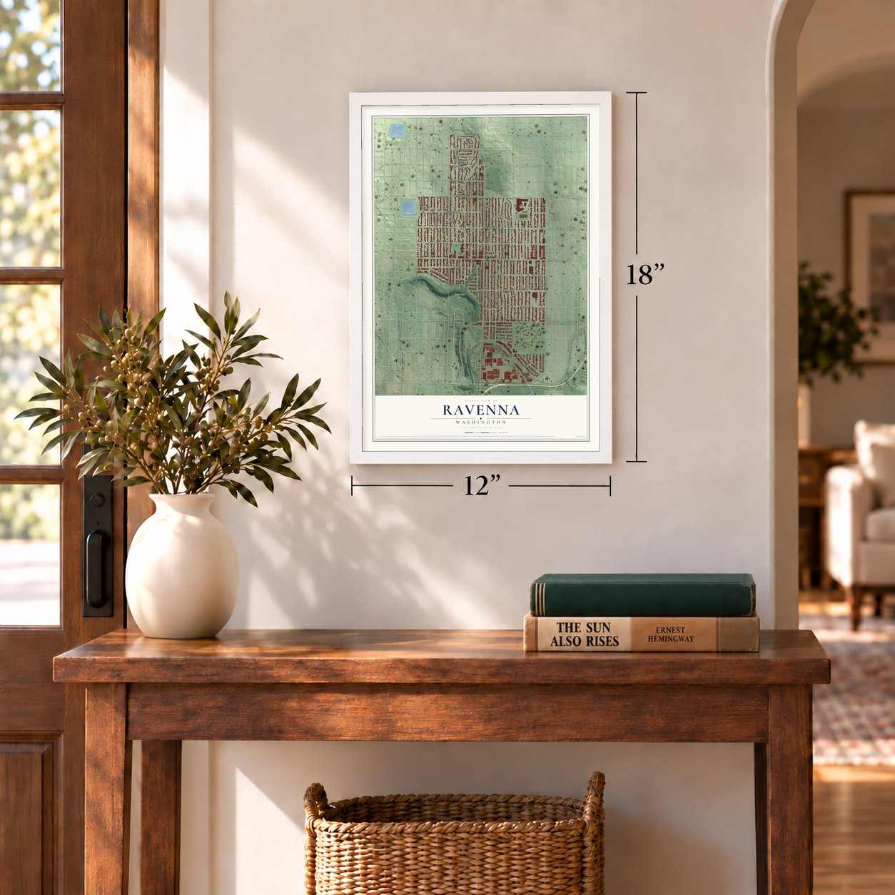 Ravenna, Washington map, 12 x 18 inch print in a white frame in an entryway