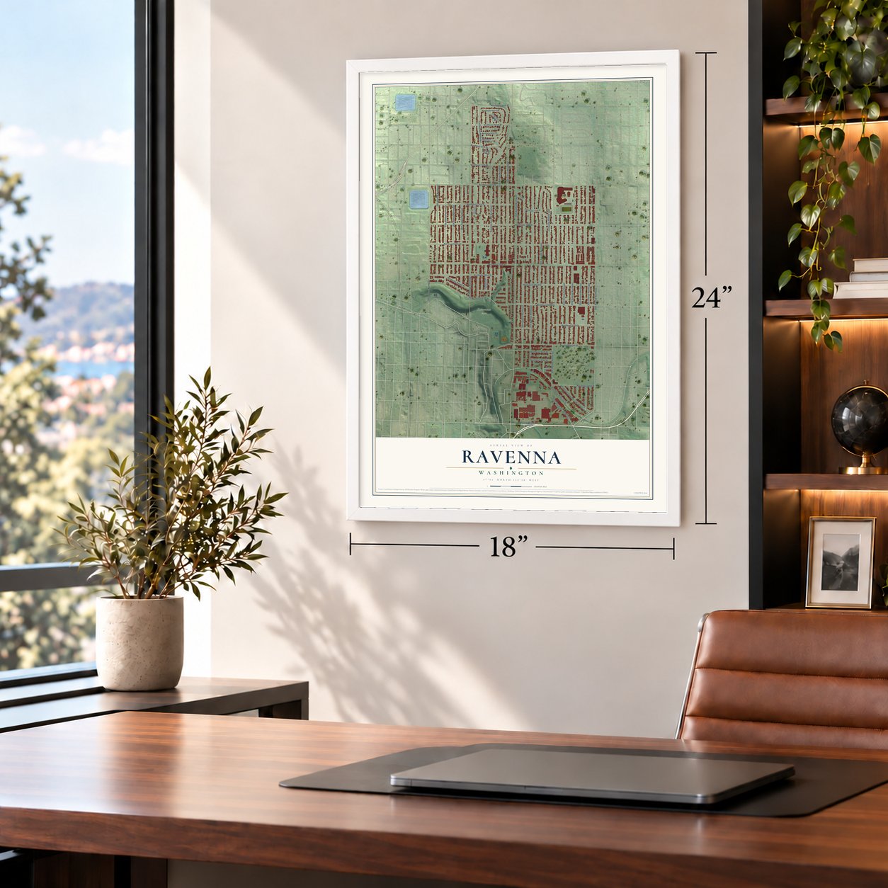 Ravenna, Washington map, 18 x 24 inch print in a white frame in a home office