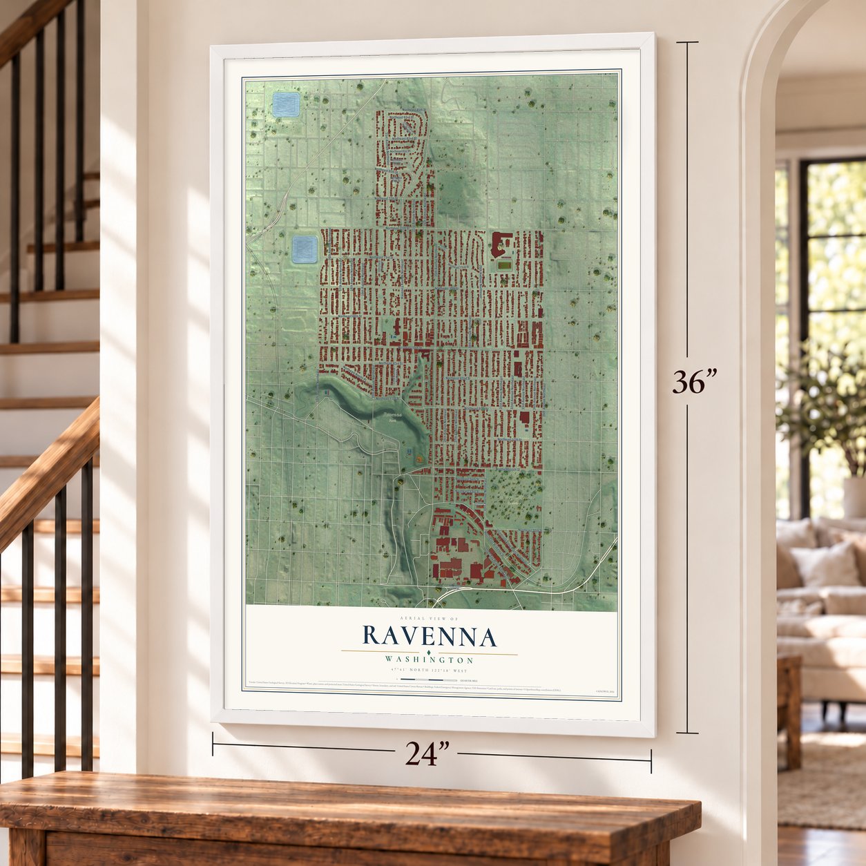 Ravenna, Washington map, 24 x 36 inch print in a white frame by a staircase