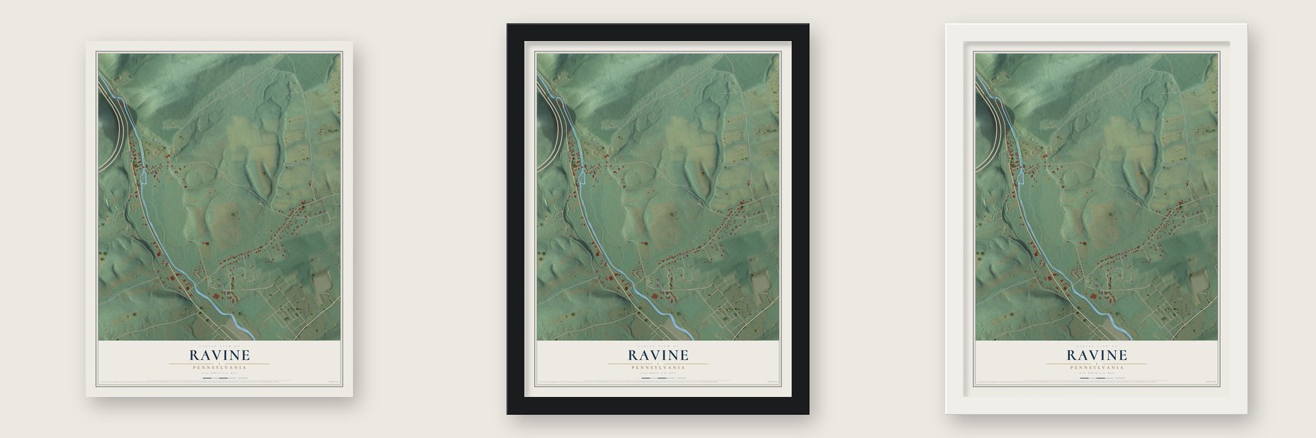 Ravine, Pennsylvania map unframed, in a black wood frame and in a white wood frame