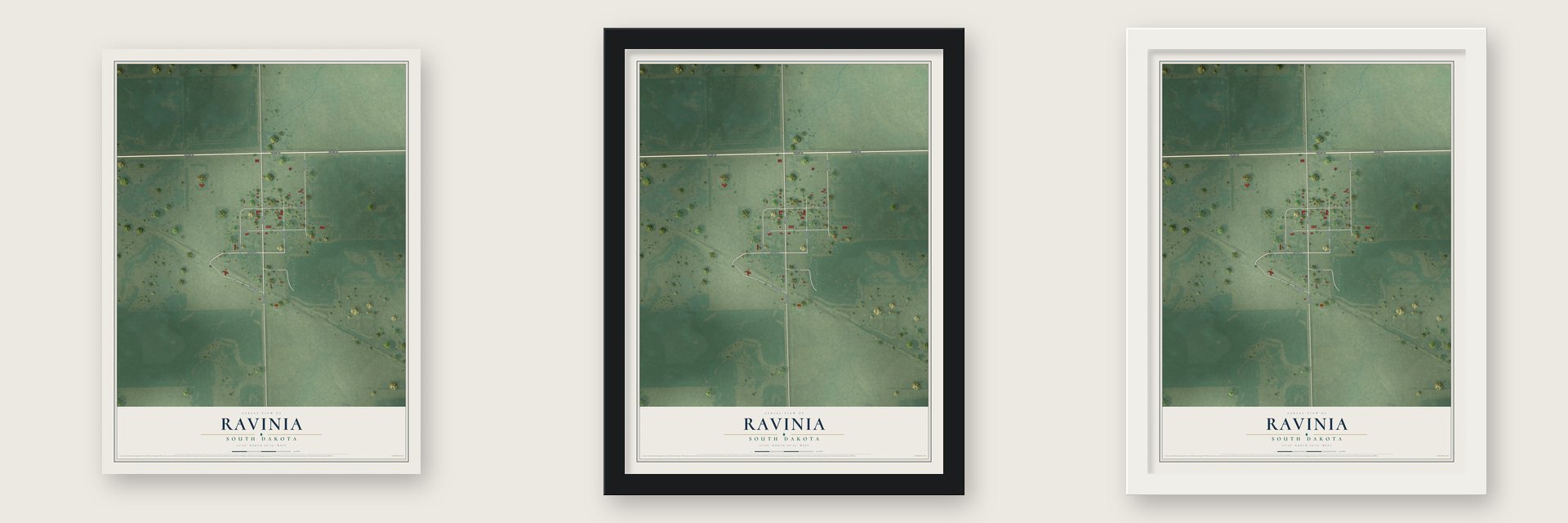 Ravinia, South Dakota map unframed, in a black wood frame and in a white wood frame