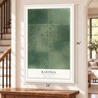 Ravinia, South Dakota map, 24 x 36 inch print in a white frame by a staircase