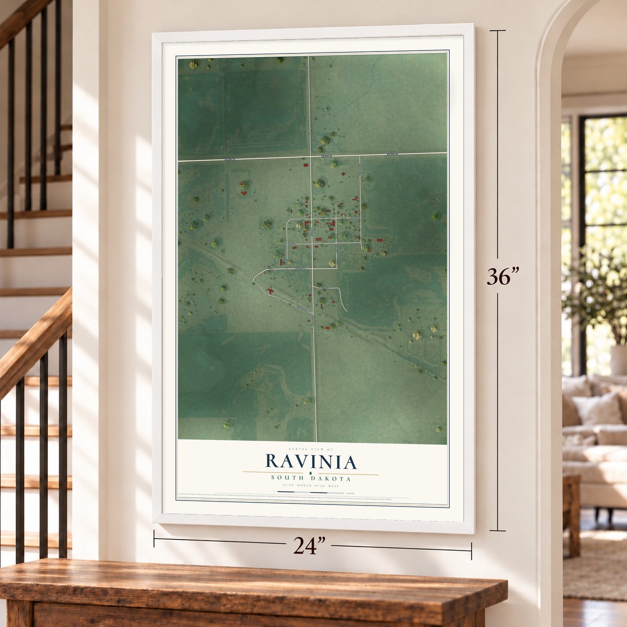 Ravinia, South Dakota map, 24 x 36 inch print in a white frame by a staircase
