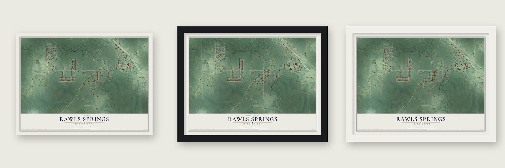 Rawls Springs, Mississippi map unframed, in a black wood frame and in a white wood frame