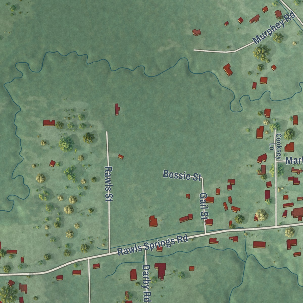 Second close-up of the map of Rawls Springs, Mississippi print showing more streets and buildings