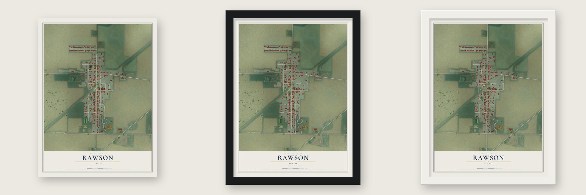 Rawson, Ohio map unframed, in a black wood frame and in a white wood frame