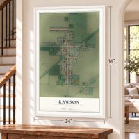 Rawson, Ohio map, 24 x 36 inch print in a white frame by a staircase
