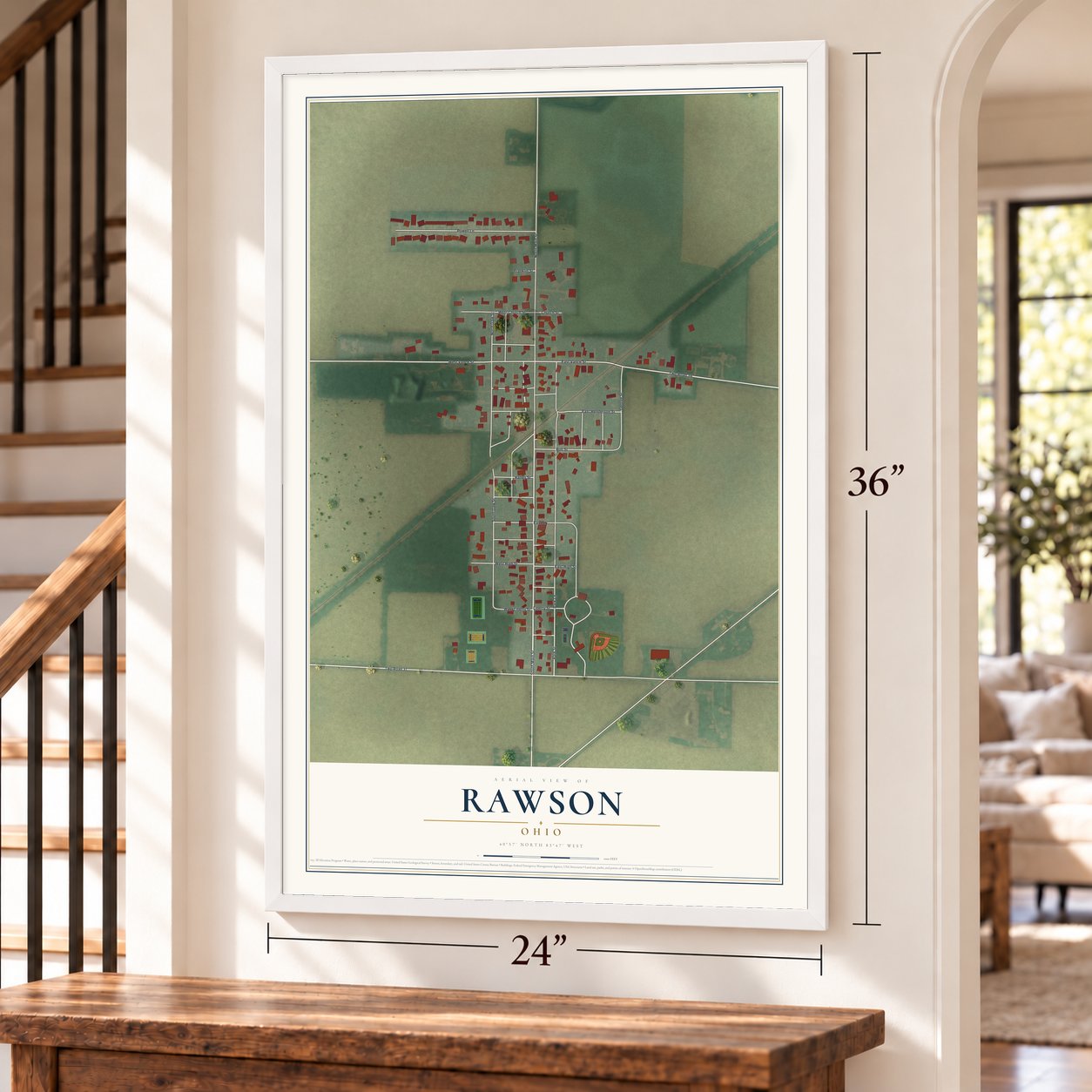 Rawson, Ohio map, 24 x 36 inch print in a white frame by a staircase