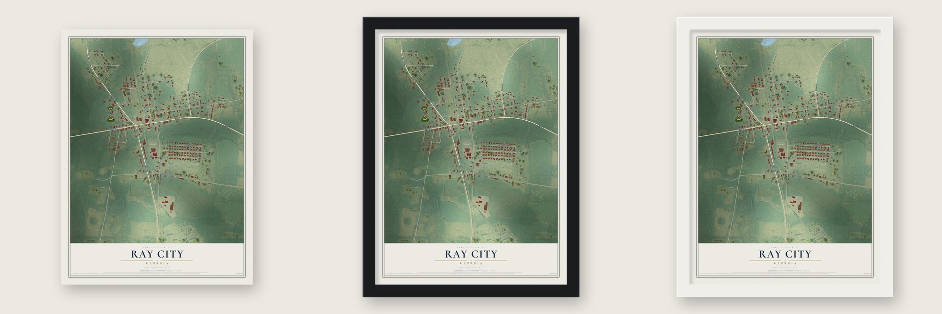 Ray City, Georgia map unframed, in a black wood frame and in a white wood frame
