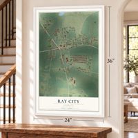 Ray City, Georgia map, 24 x 36 inch print in a white frame by a staircase