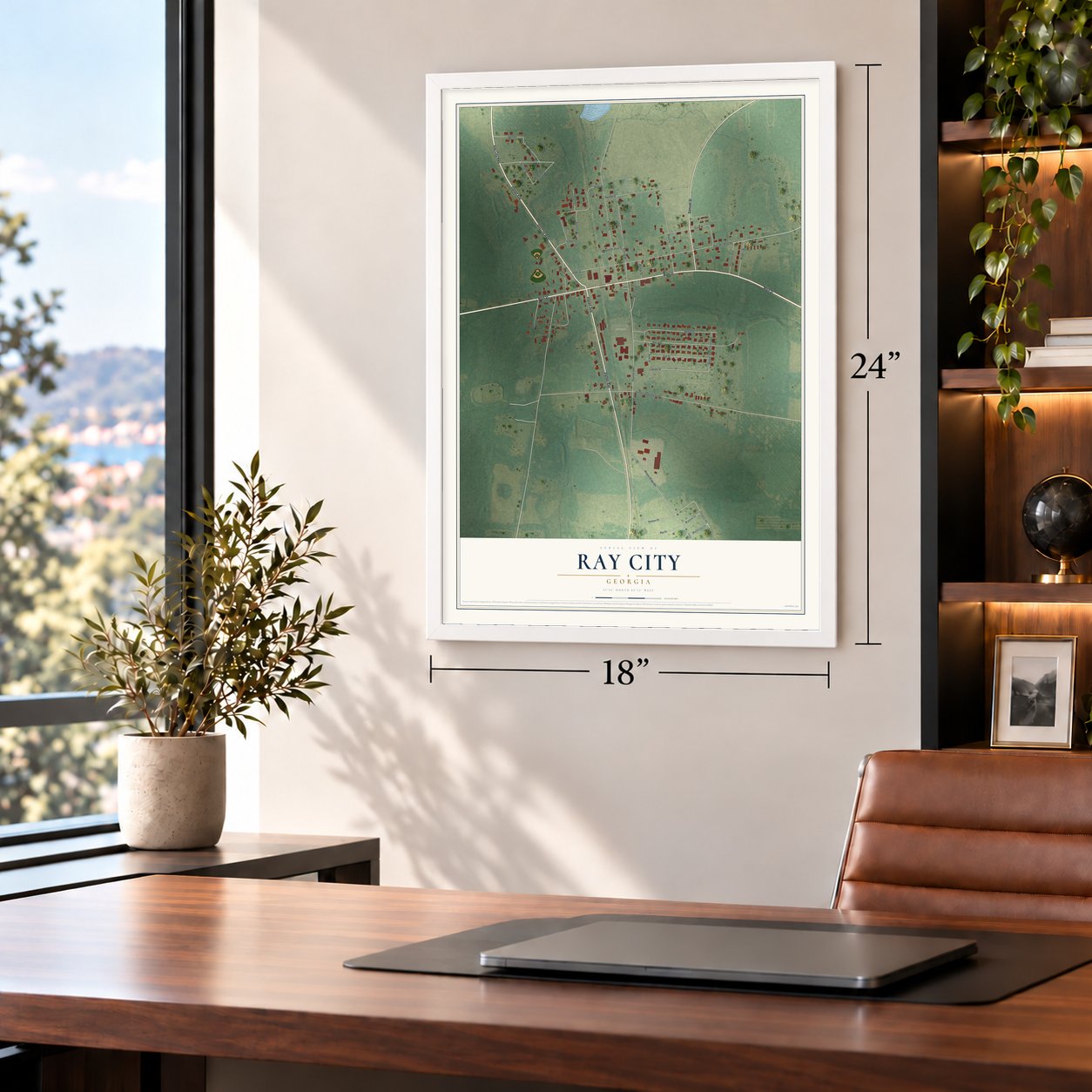 Ray City, Georgia map, 18 x 24 inch print in a white frame in a home office