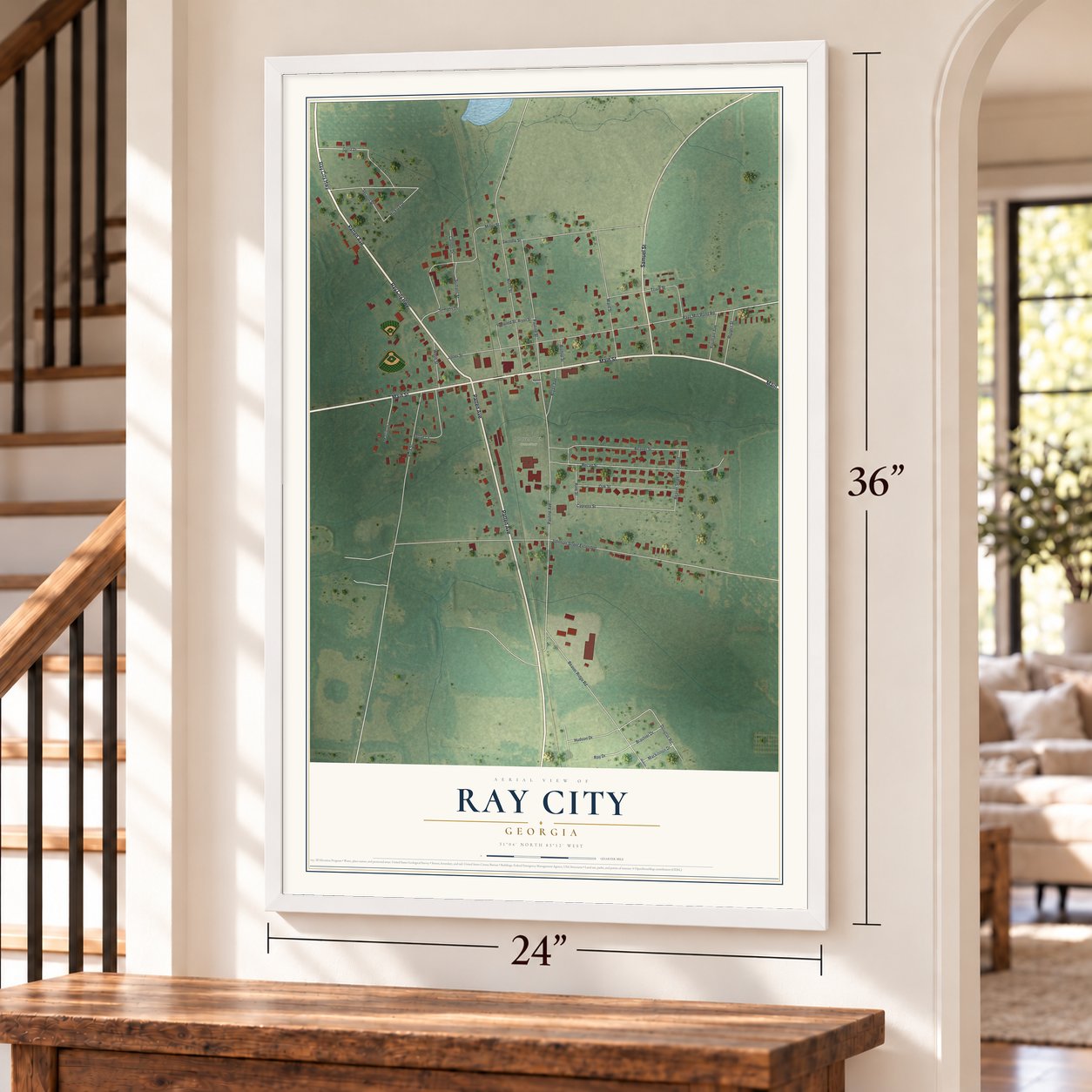 Ray City, Georgia map, 24 x 36 inch print in a white frame by a staircase