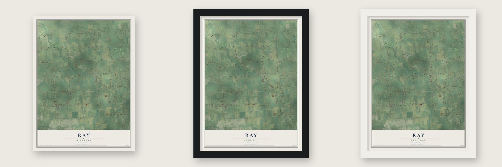 Ray, Michigan map unframed, in a black wood frame and in a white wood frame
