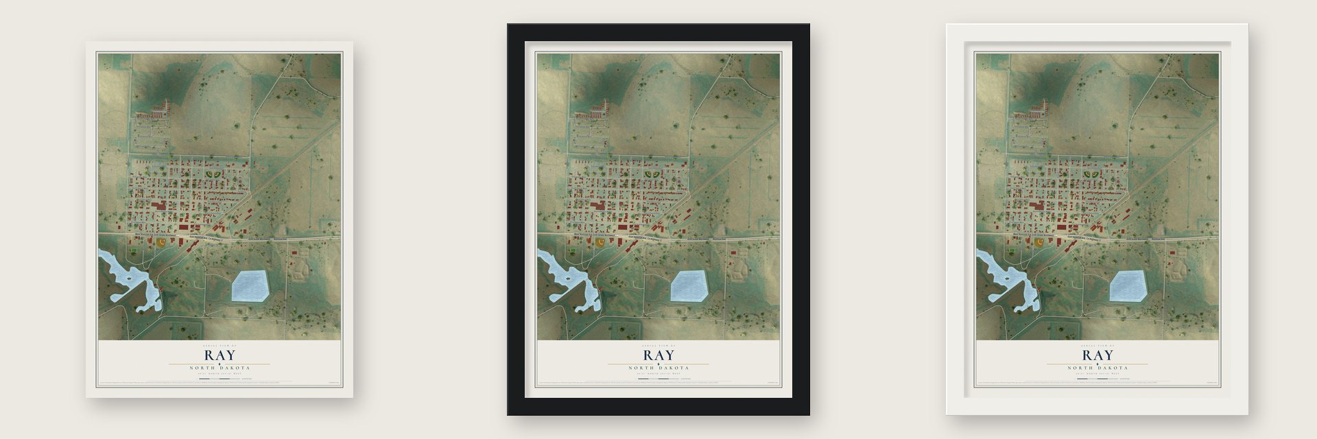 Ray, North Dakota map unframed, in a black wood frame and in a white wood frame