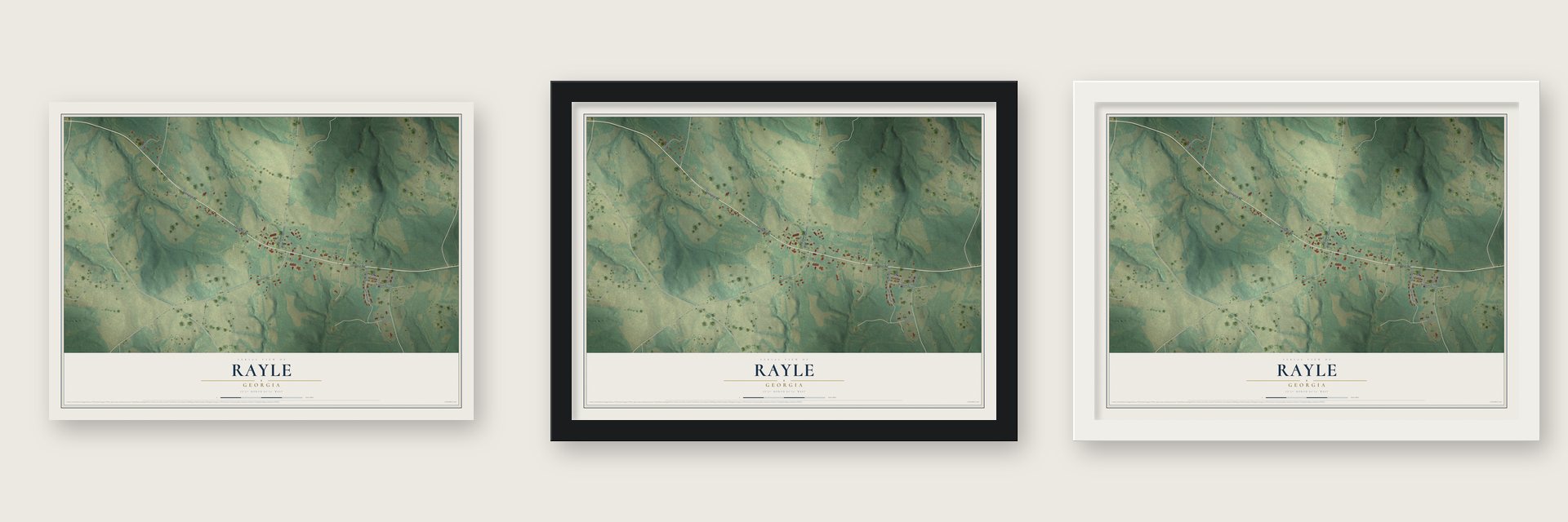 Rayle, Georgia map unframed, in a black wood frame and in a white wood frame