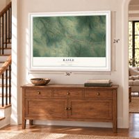 Rayle, Georgia map, 24 x 36 inch print in a white frame above a dresser by a staircase