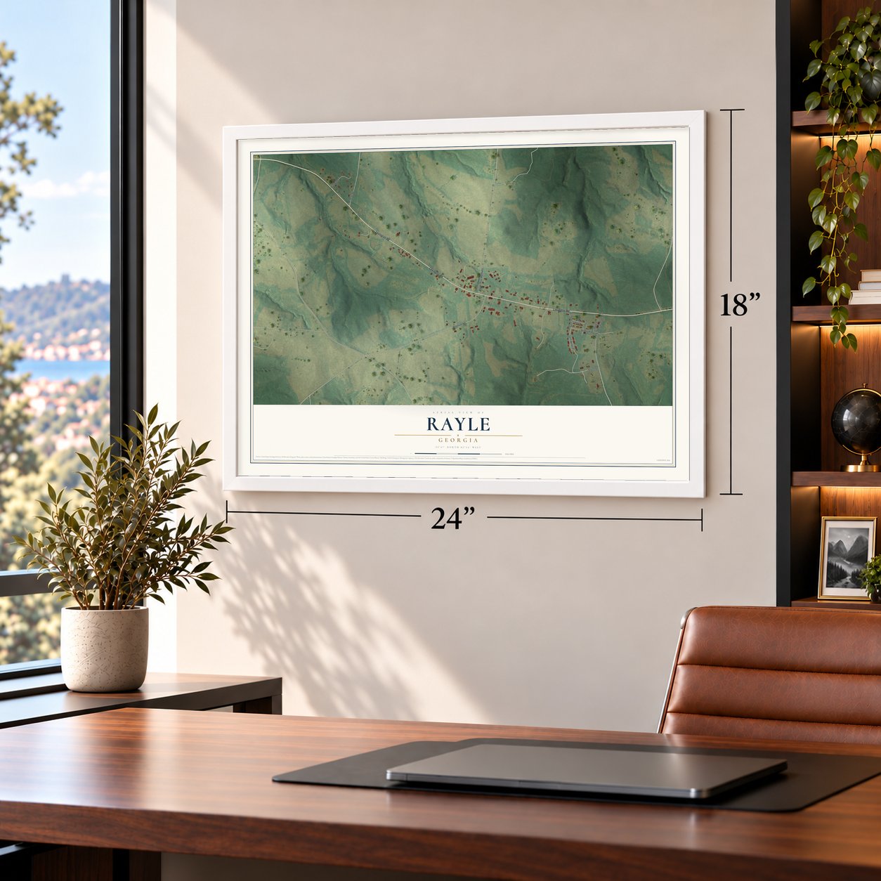Rayle, Georgia map, 18 x 24 inch print in a white frame in a home office