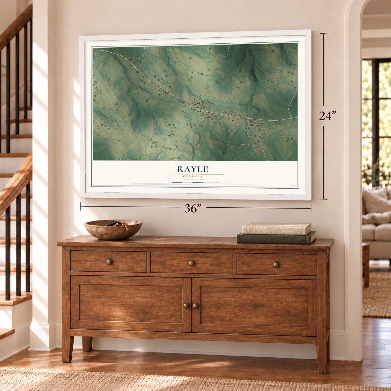 Rayle, Georgia map, 24 x 36 inch print in a white frame above a dresser by a staircase