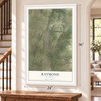 Raymond, California map, 24 x 36 inch print in a white frame by a staircase
