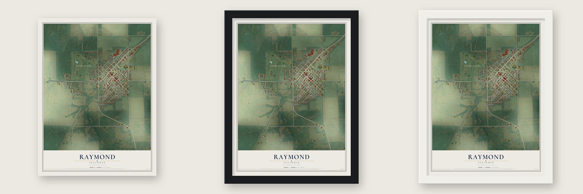 Raymond, Illinois map unframed, in a black wood frame and in a white wood frame
